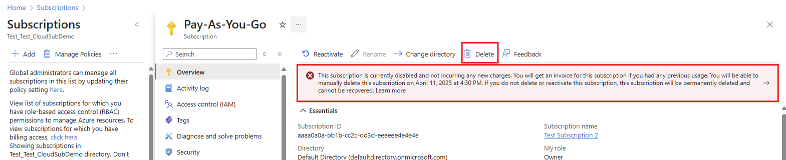 Screenshot of 3 days delay for deleting subscriptions.