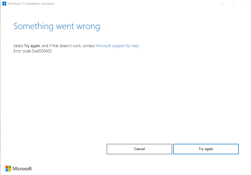 Windows Error Code 0xa0000400 when trying to upgrade to