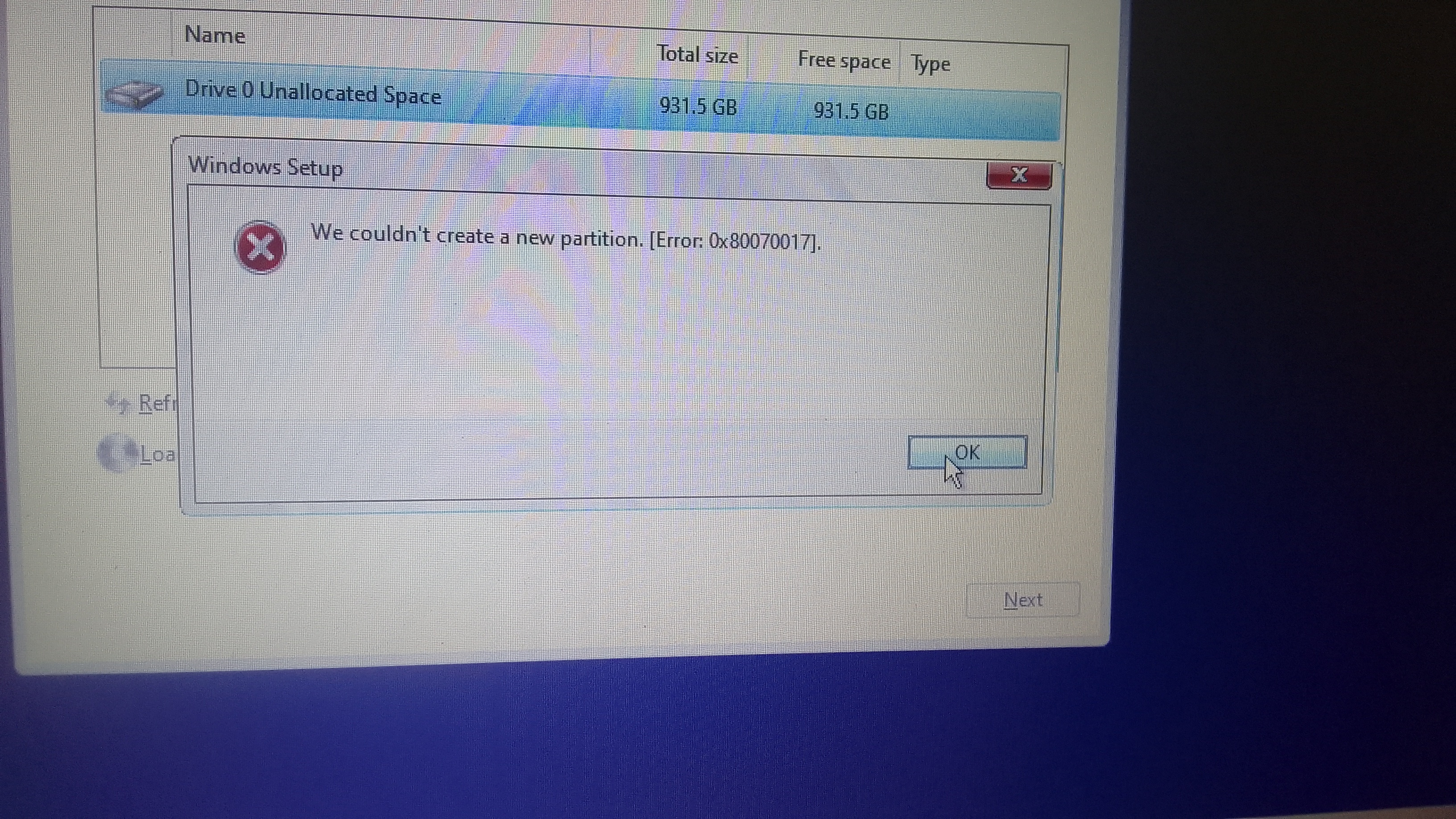 We couldn't install Windows in the location you chose. Please check ...
