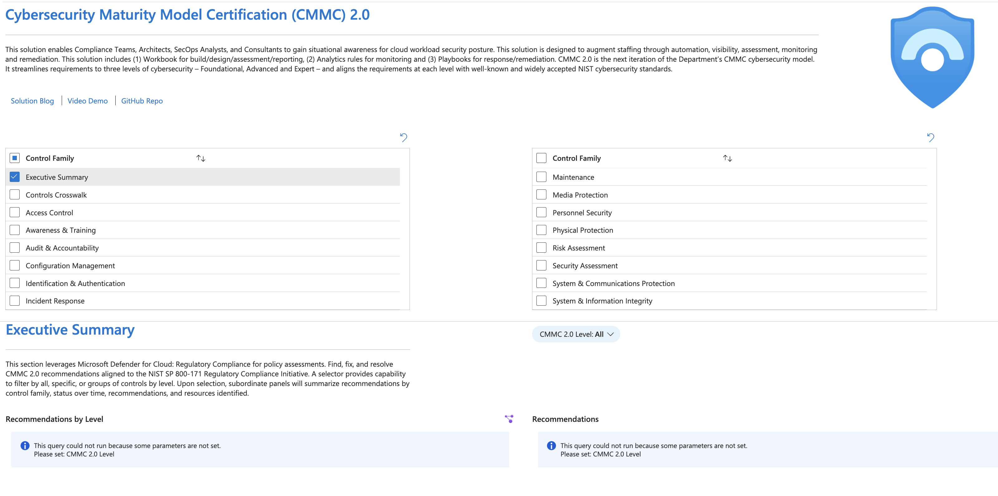 Set CMMC parameters in Sentinel workbook (2.0).