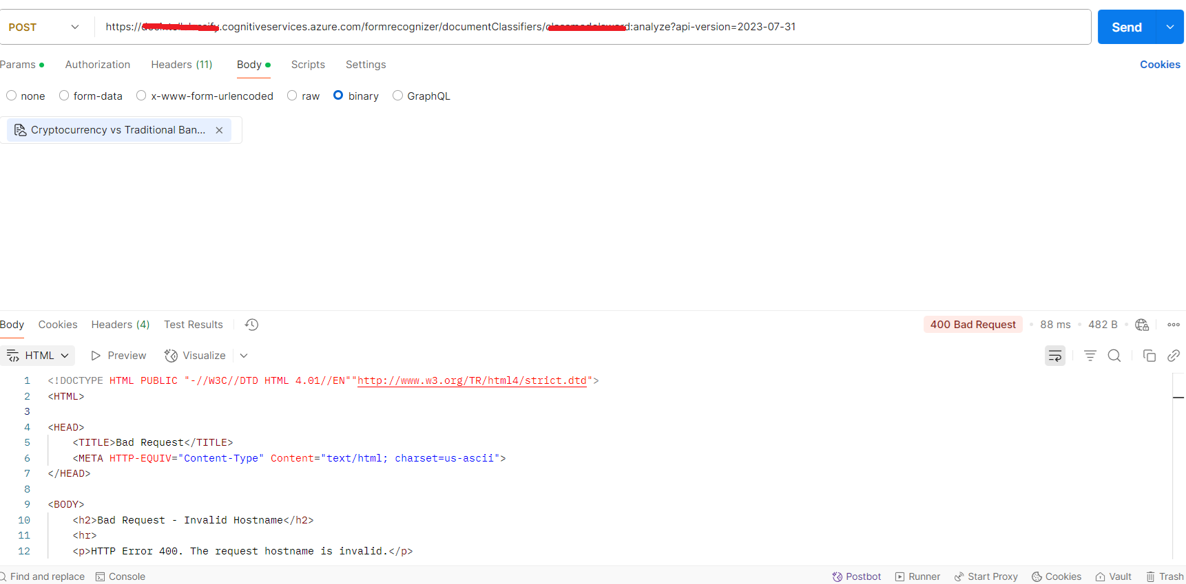 Postman Azure AI document intelligence Custom classification end point ...