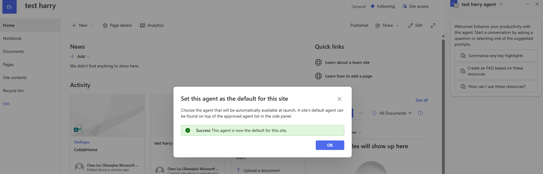 Cannot set the custom Copilot agent as site default at the SharePoint ...