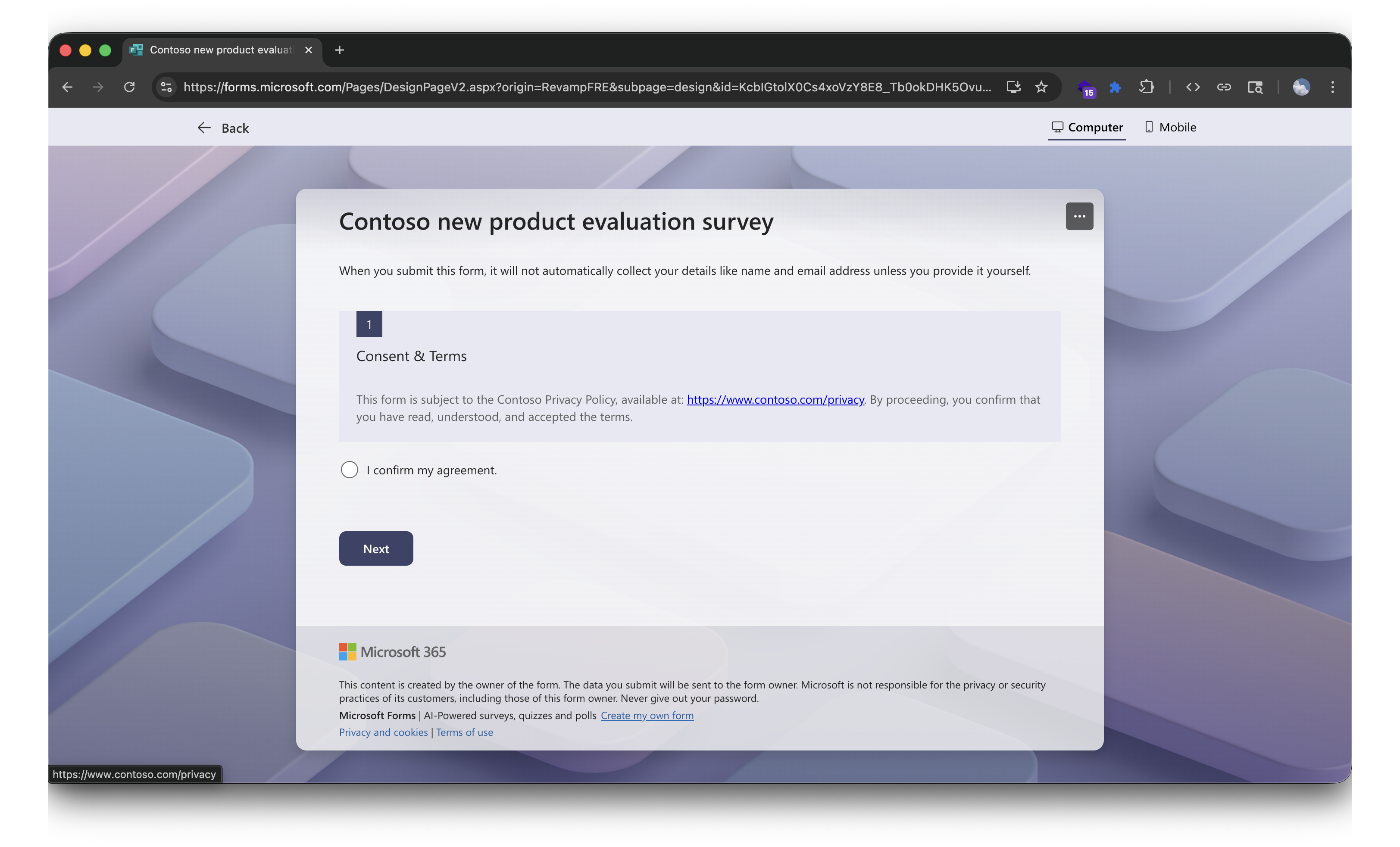 A screenshot of a survey question titled "Consent & Terms" in Microsoft Forms, using the subtitle field to display a hyperlink and a single-choice checkbox for user agreement.
