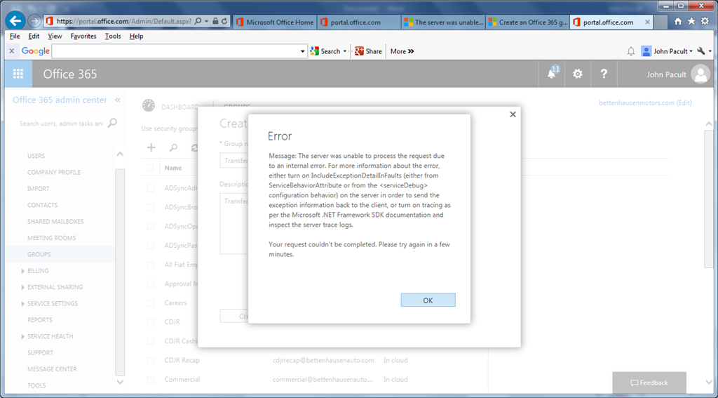 The server was unable to process the request due to an internal error ...