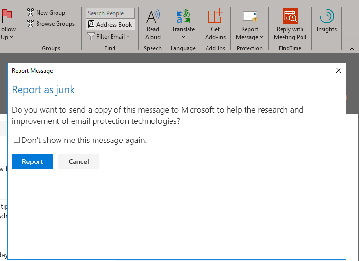 Report message is deployed via admin centre, appears in outlook but ...