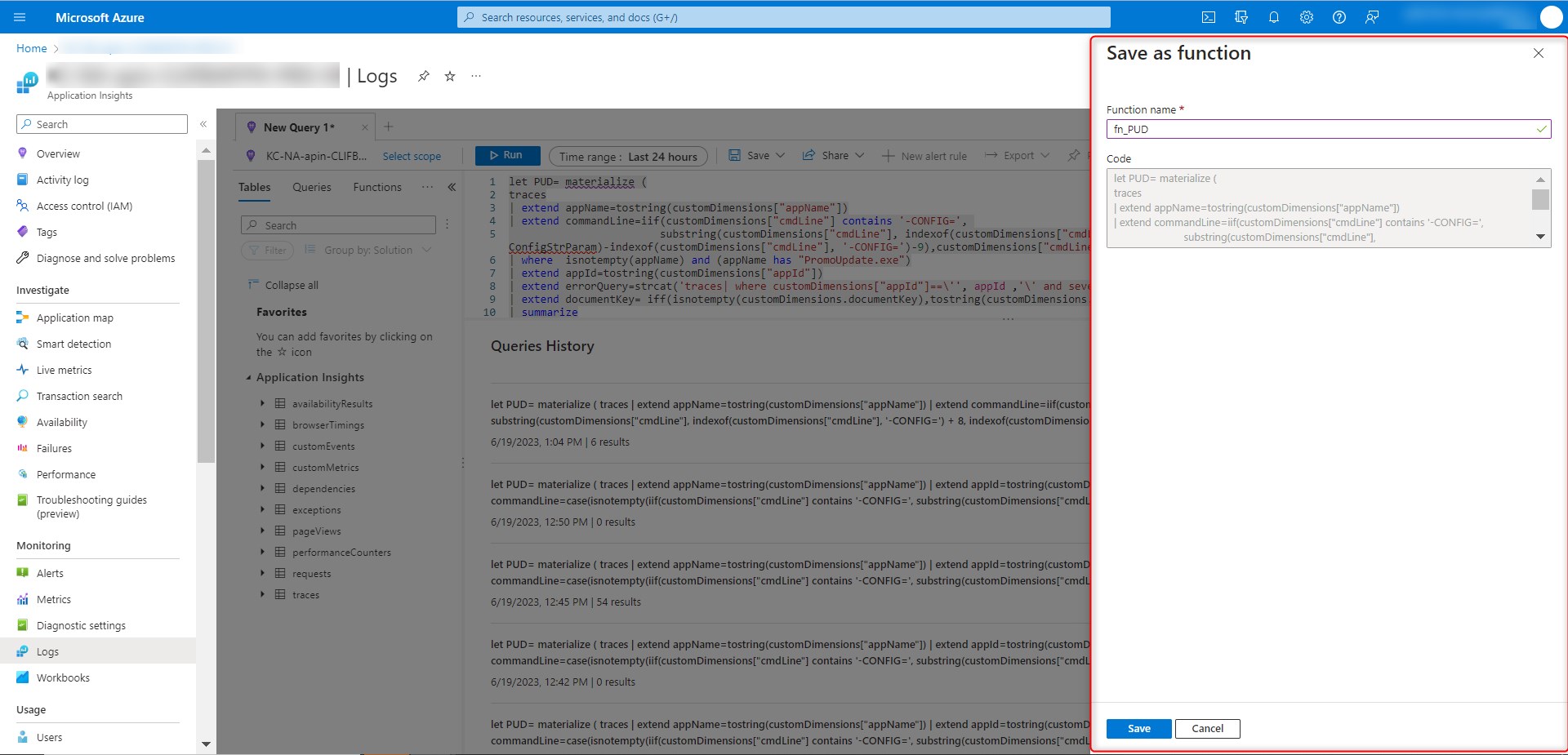 Application Insights-Save as function