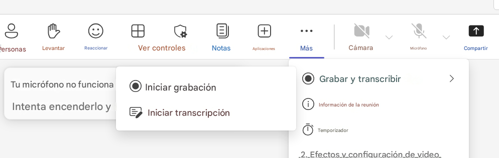 8PersonasLevantarReaccionarVer controlesNotas+AplicacionesMásCámaraMicrófono↑CompartirTu micrófono no funcionaIntenta encenderlo yIniciar grabaciónIniciar transcripciónGrabar y transcribir>Información de la reuniónTemporizador2. Efectos y configuración de video