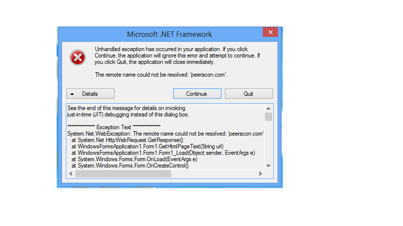 Microsoft .Net Framework error "Unhandled exception has occured in your ...