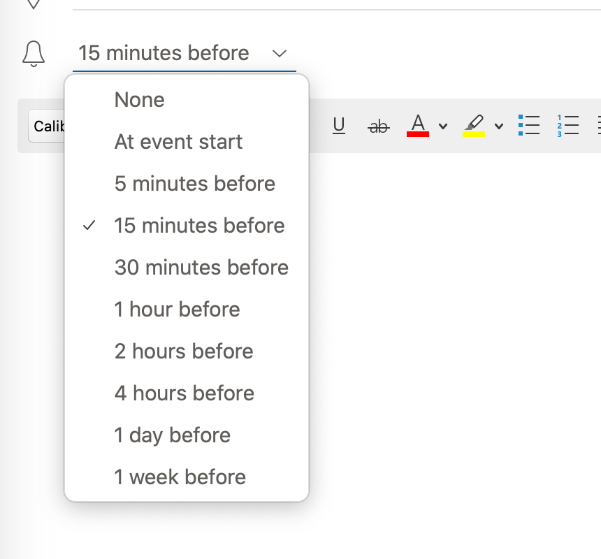 Missing option to set custom remider time in Outlook calendar