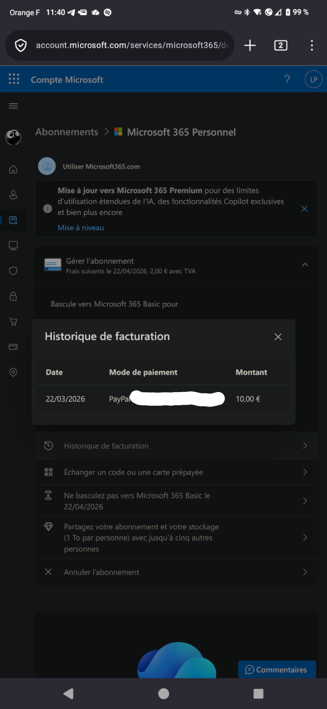 Historique de facturation