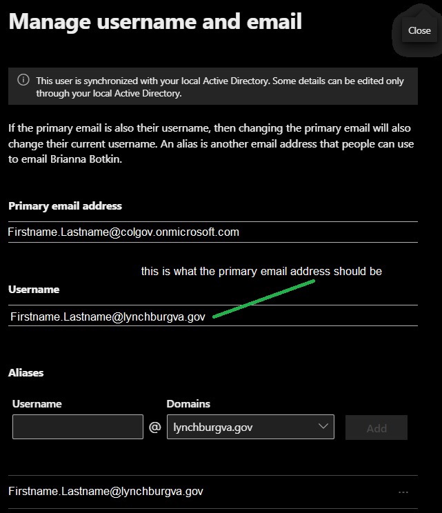primary email address Azure vs local AD