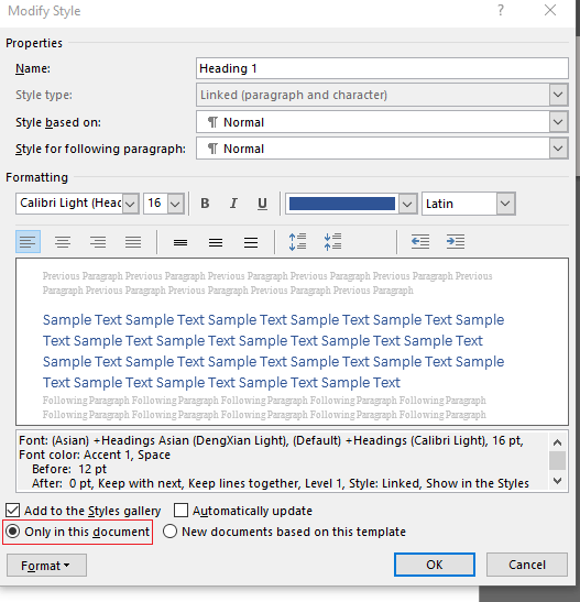 Question on Modifying Styles - for current document only - I do not ...