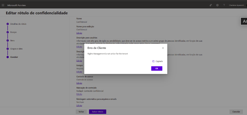 I can't RMS and IRM for use labels with permissions configurations ...