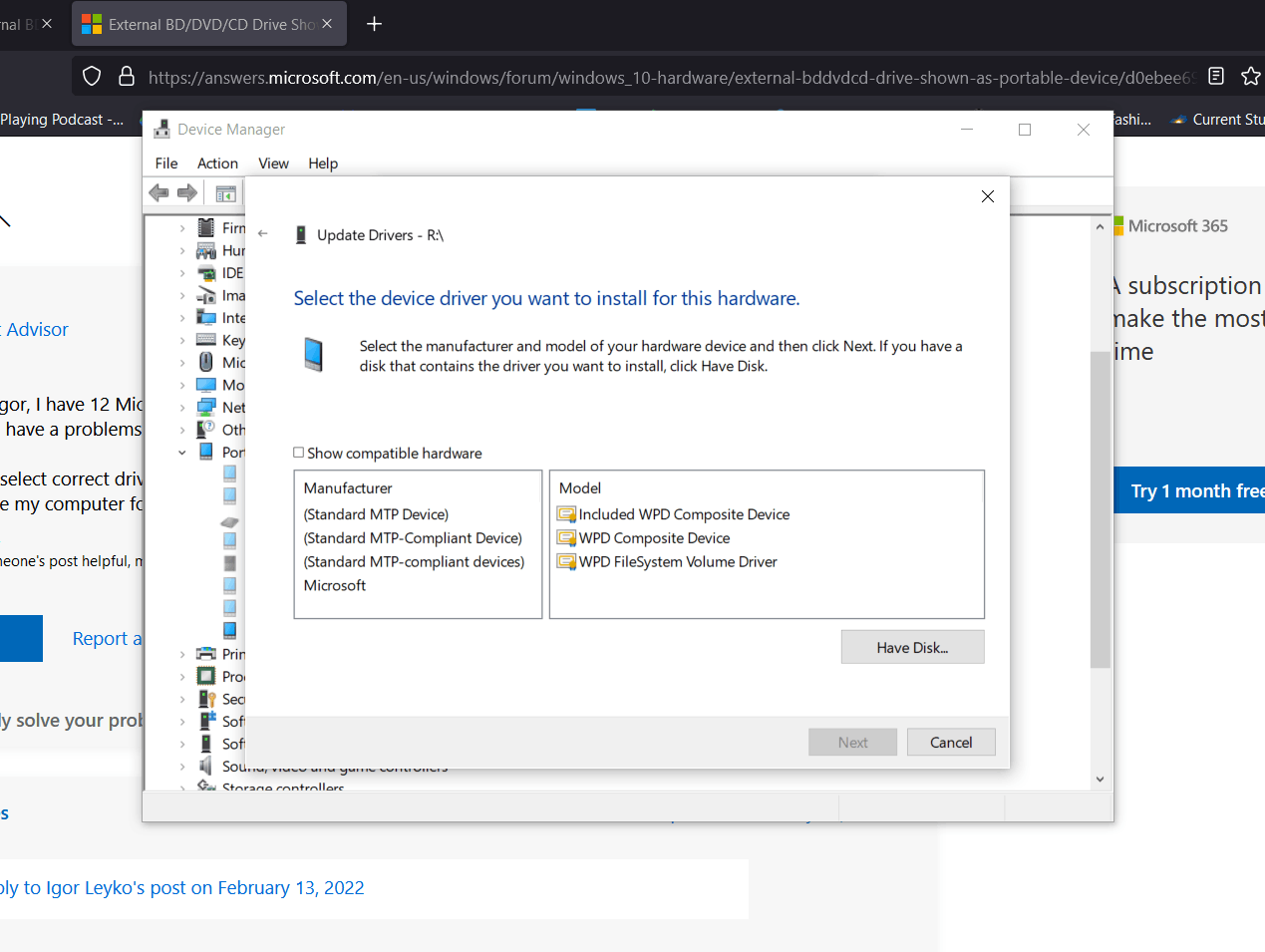 External BD/DVD/CD Drive Shown as Portable Device - Microsoft Q&A