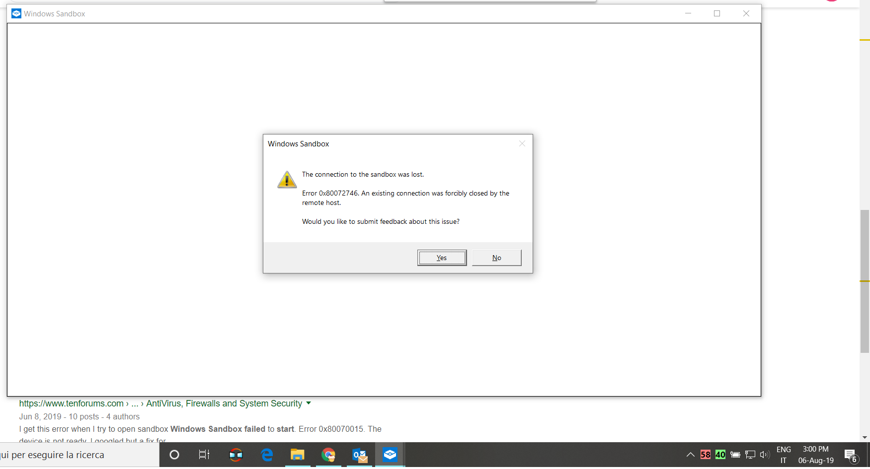 Error: 0x80072746. Windows Sandbox fails to restart to complete
