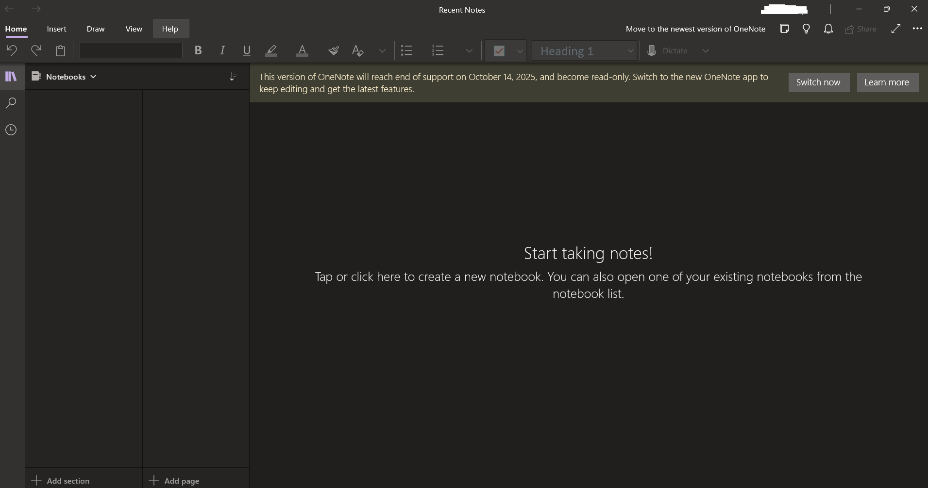 Tried swtiching to the new version of Onenote. When it started with the ...