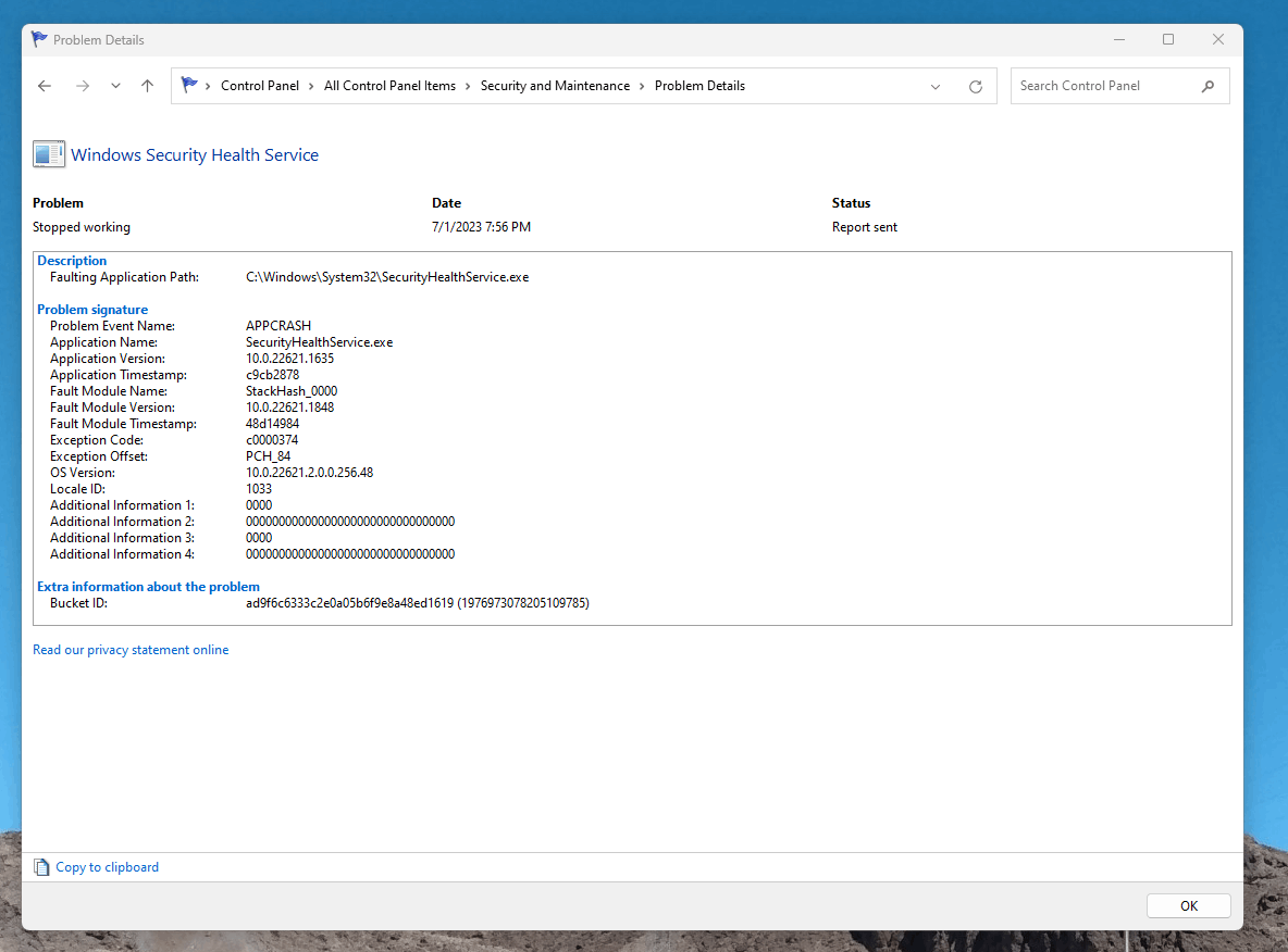 SecurityHealthService.exe keeps crashing PLEASE FIX ASAP!!! - Microsoft Q&A