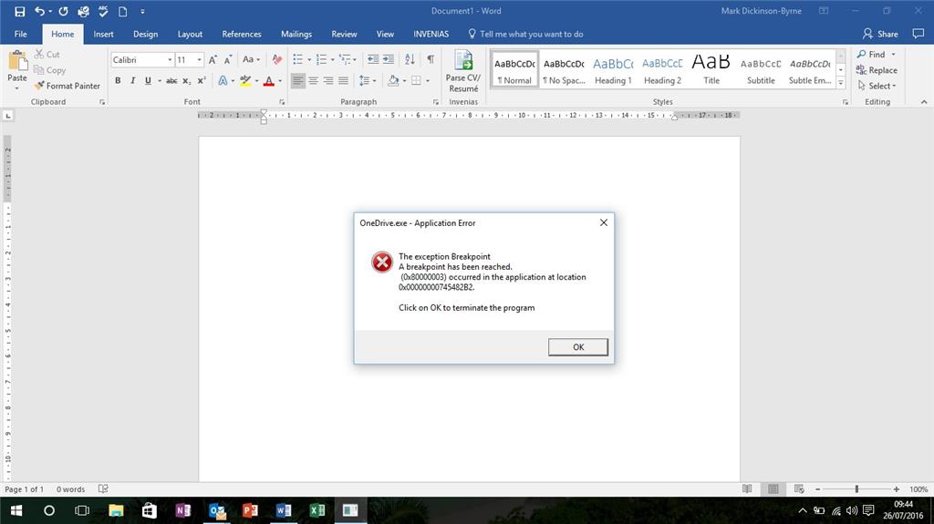 OneDrive.exe - Application Error. A breakpoint has been reached ...