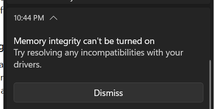 Memory integrity turned off and cannot turn back on - Microsoft Q&amp;A