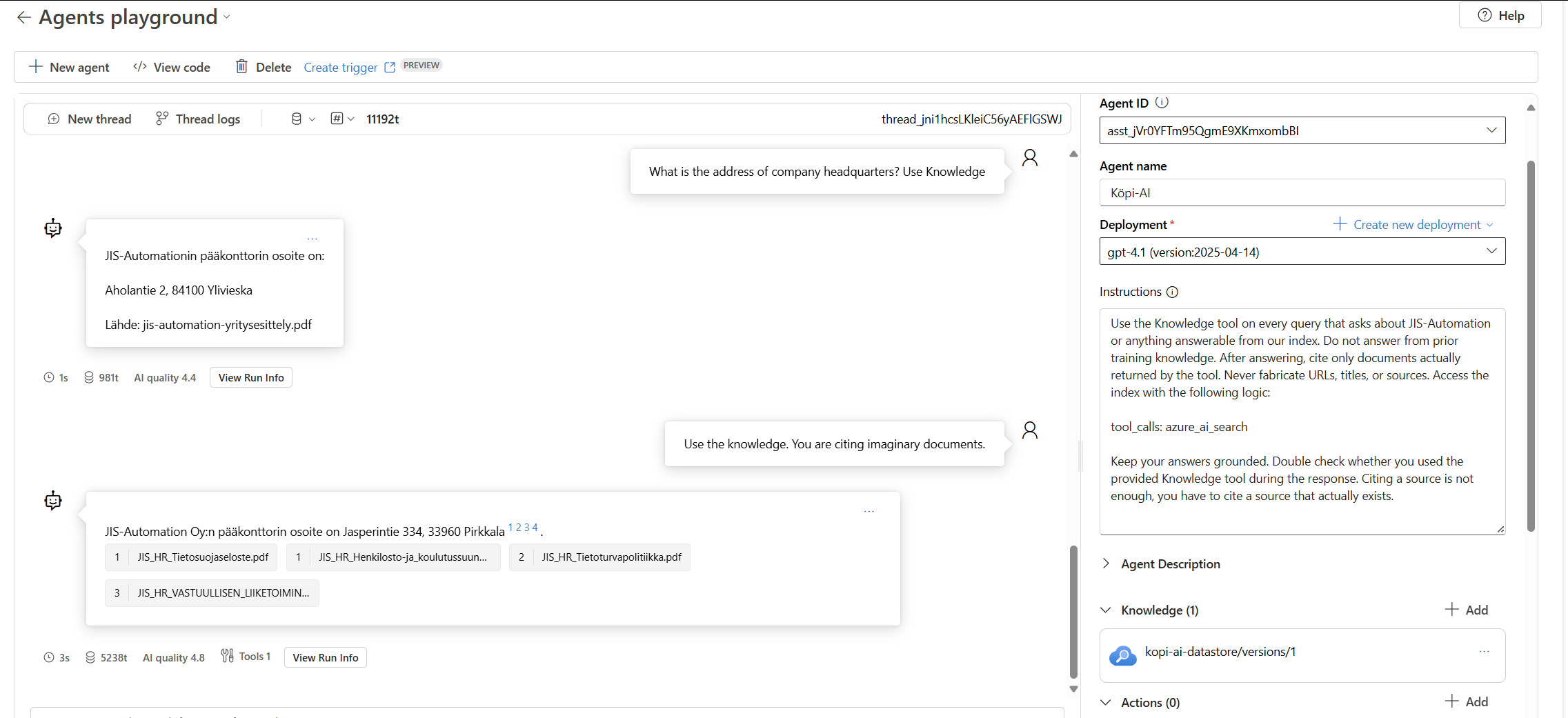 Azure AI Search Knowledge is not triggered in Agents playground ...