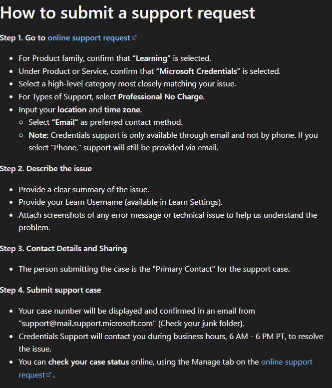 Support instructions