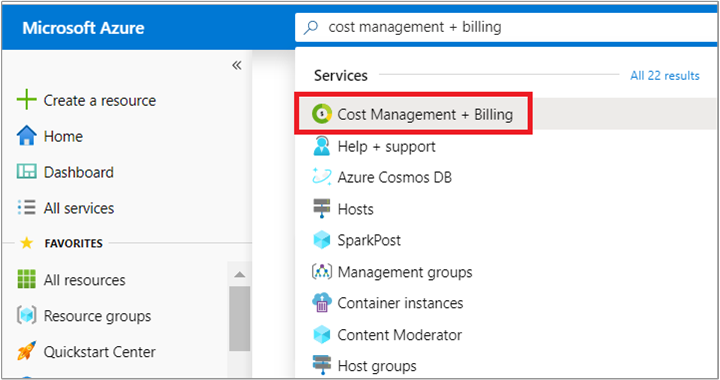 Screenshot that shows where to search in the Azure portal for cost management + billing