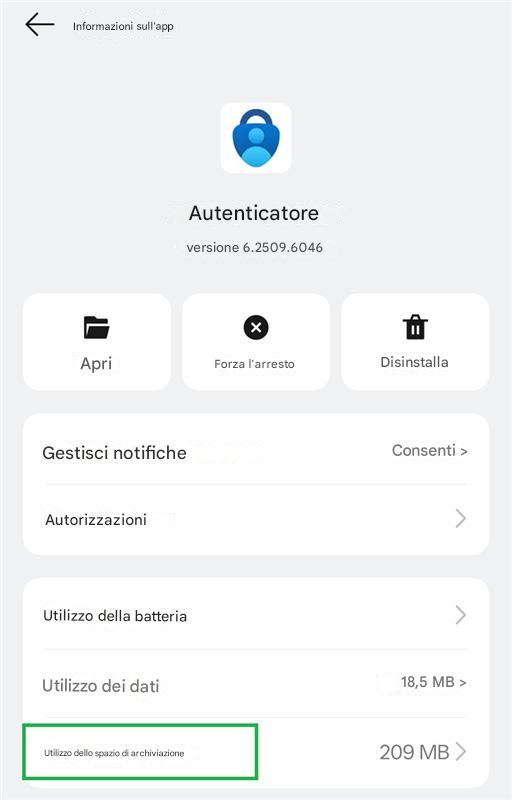 Informazioni sull'appAutenticatoreversione 6.2509.6046ApriXForza l'arrestoDisinstallaGestisci notificheConsenti >Autorizzazioni>Utilizzo della batteria>Utilizzo dei dati18,5 MB >Utilizzo dello spazio di archiviazione209 MB >