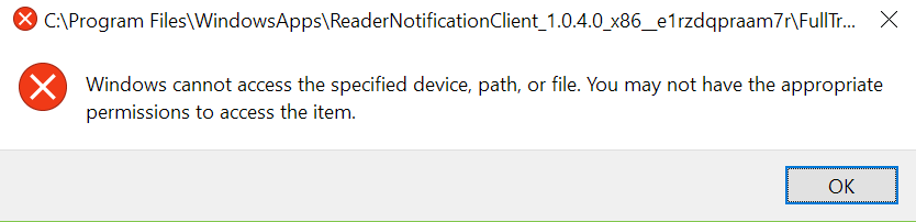 Windows error popup for 