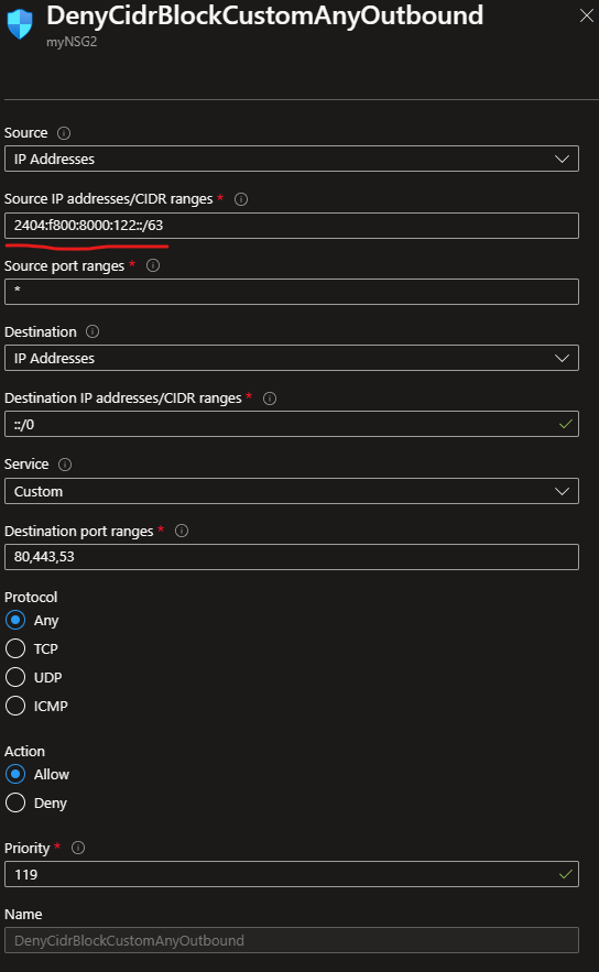 Configuring ipv6 NSG rules on expressroute internal ip addresses ...