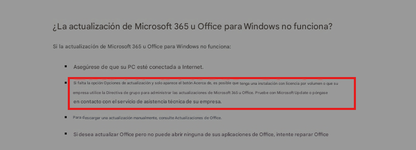 ¿La actualización de Microsoft 365 u Office para Windows no funciona?Si la actualización de Microsoft 365 u Office para Windows no funciona:Asegúrese de que su PC esté conectada a Internet.Si falta la opción Opciones de actualización y solo aparece el botón Acerca de, es posible que tenga una instalación con licencia por volumen o que su empresa utilice la Directiva de grupo para administrar las actualizaciones de Microsoft 365 u Office. Pruebe con Microsoft Update o póngase en contacto con el servicio de asistencia técnica de su empresa.Para descargar una actualización manualmente, consulte Actualizaciones de Office.Si desea actualizar Office pero no puede abrir ninguna de sus aplicaciones de Office, intente reparar Office