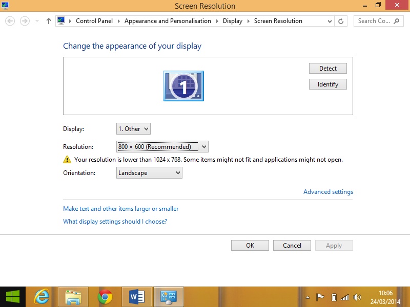 Receiving message: "The screen resolution is too low for this app to ...