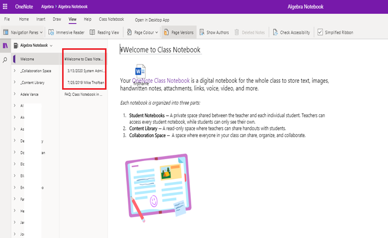 How to see page versions in class notebooks on onenote for win 10 ...