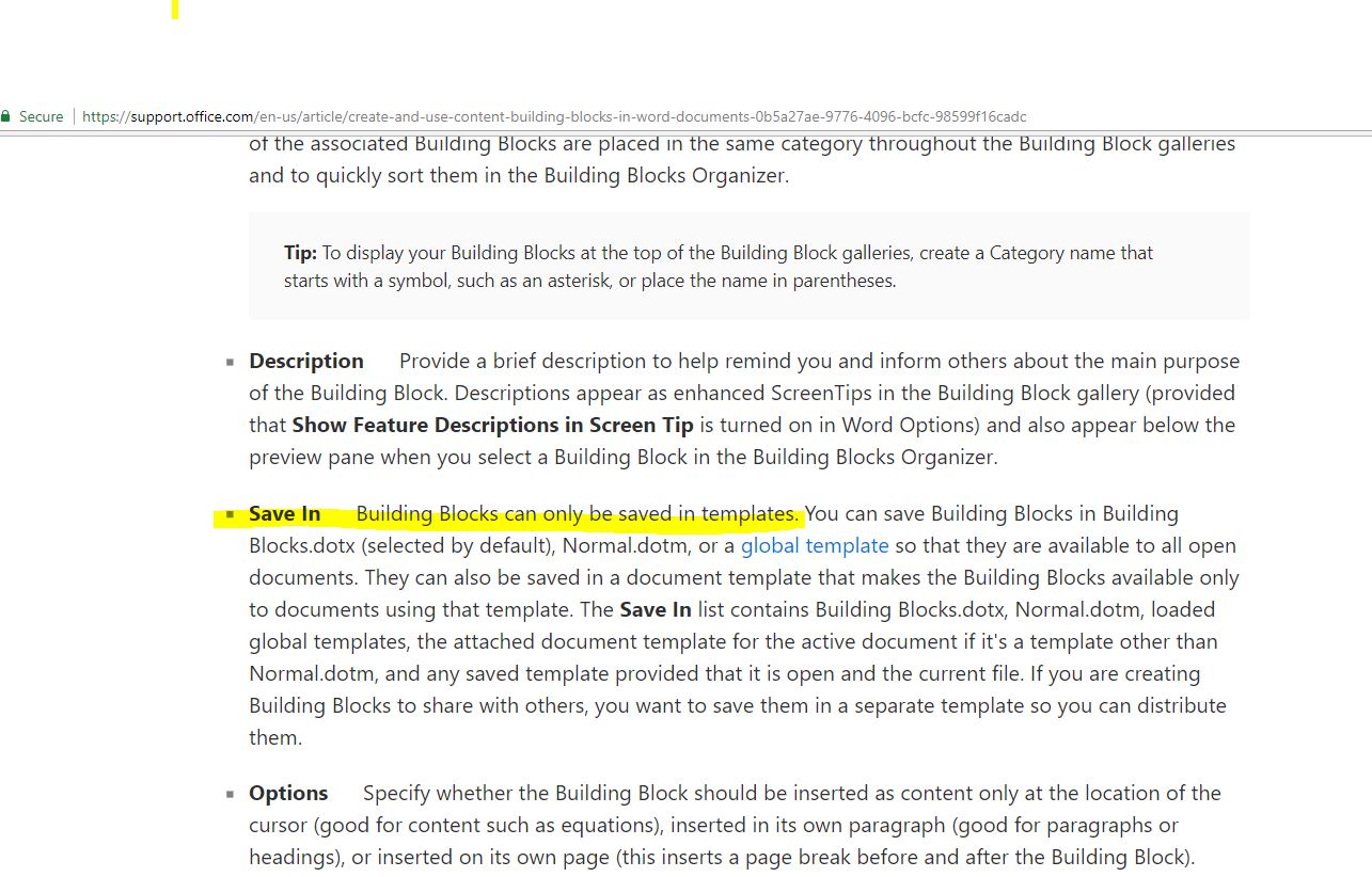 Why we can't save Building blocks in document? - Microsoft Q&A