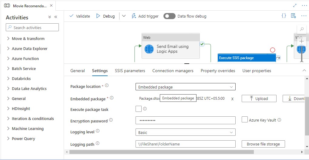 Settings of Execute SSIS Package activity ADF
