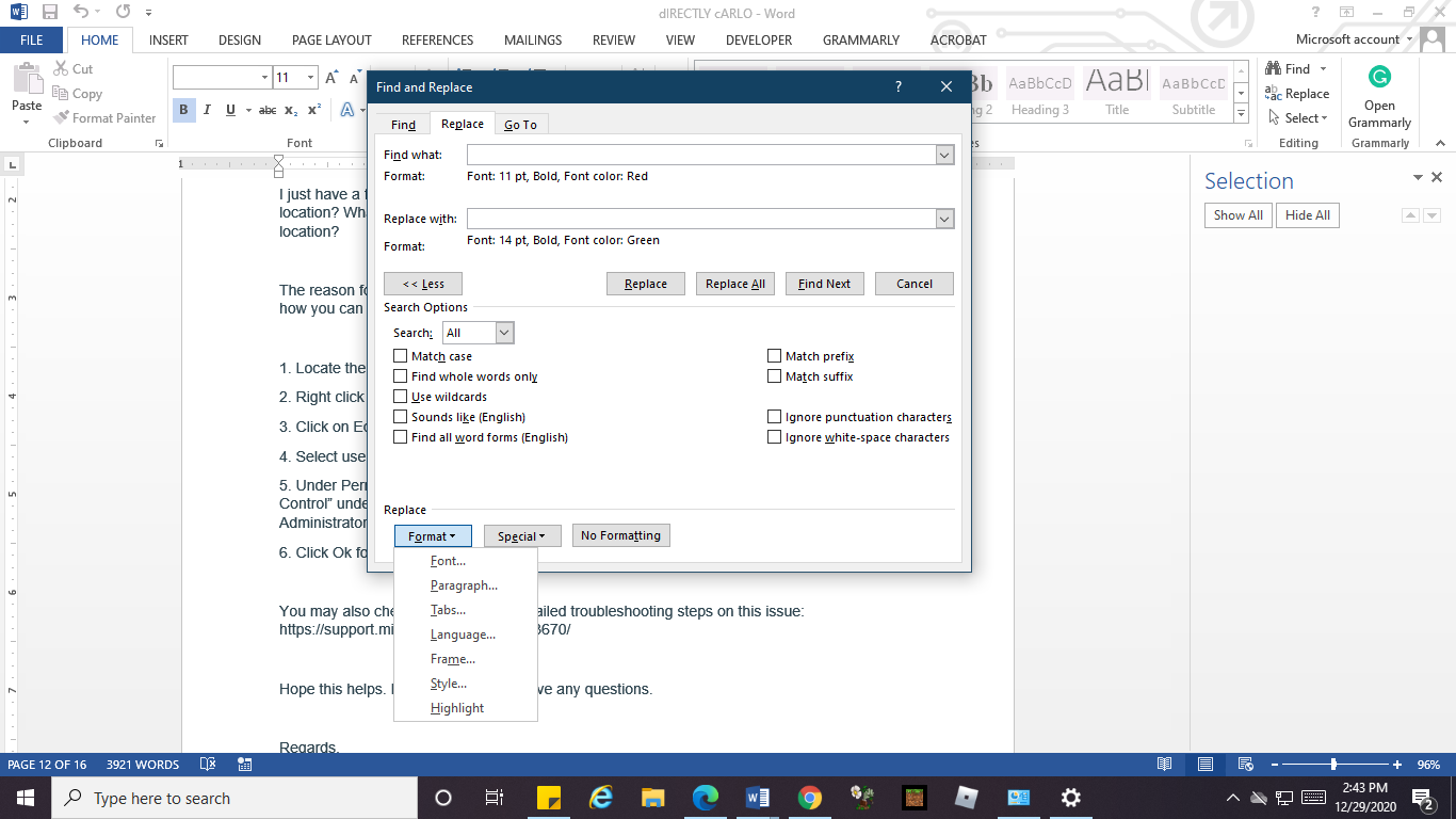 How do I select all type of a specific color in Word 2019 - Microsoft Q&A
