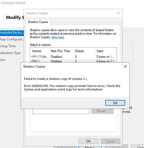 shadow copies fail on C
