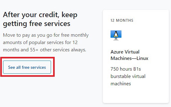 azure student free services button