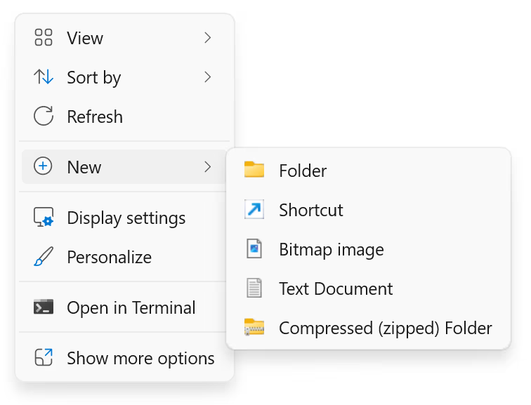 Screenshot of right-click >  New.
