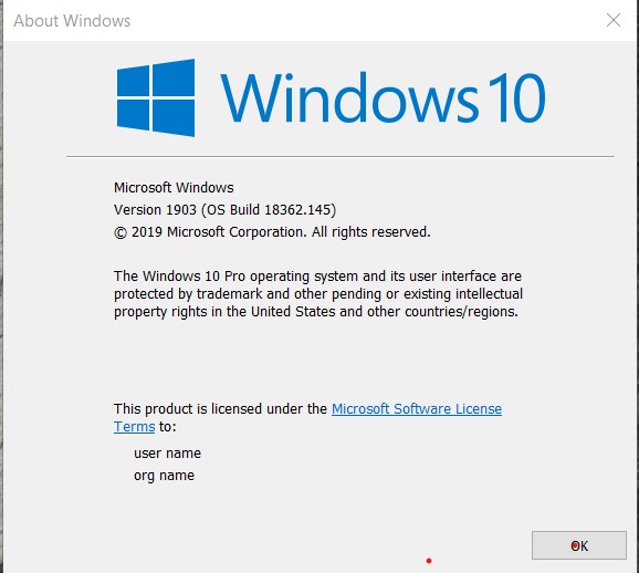 Windows 10 Pro &  パッケージ　OS Windows 10 Pro 64bit Version 1903 OS Build 18362.145