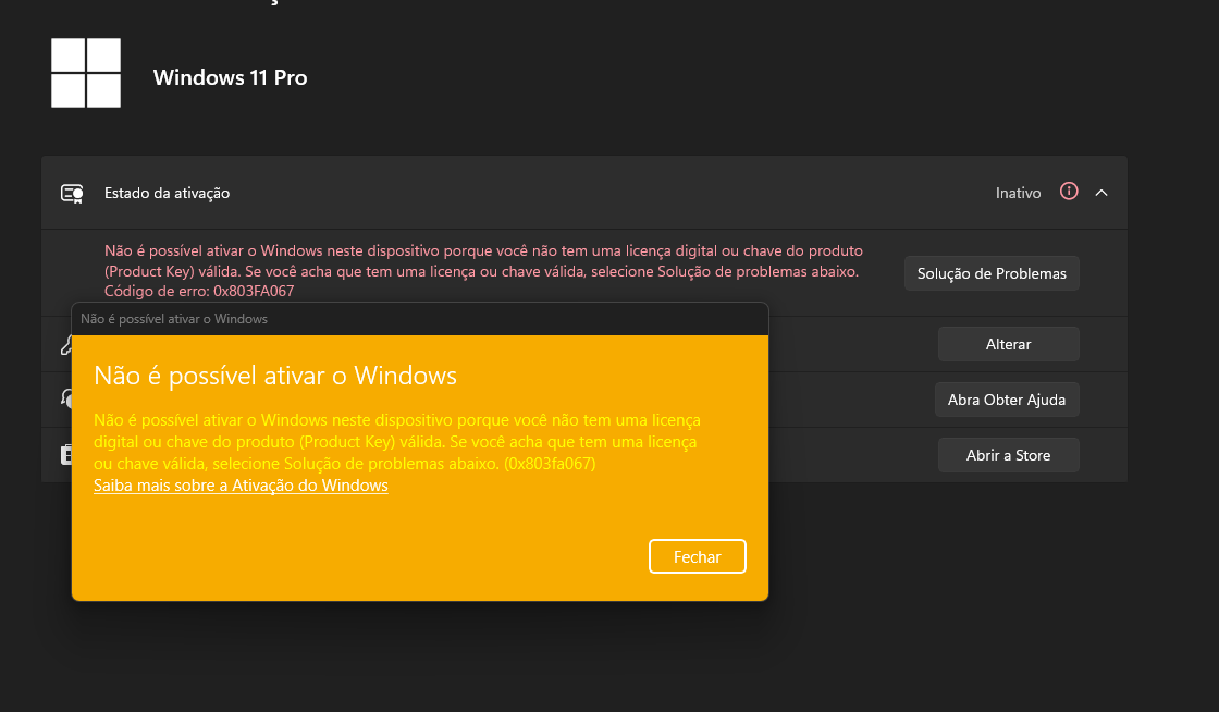 Como resolvo o erro 0x803fa067?? - Microsoft Q&A