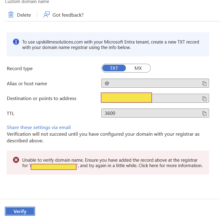Not able to add custom domain on my Azure account - Microsoft Q&A