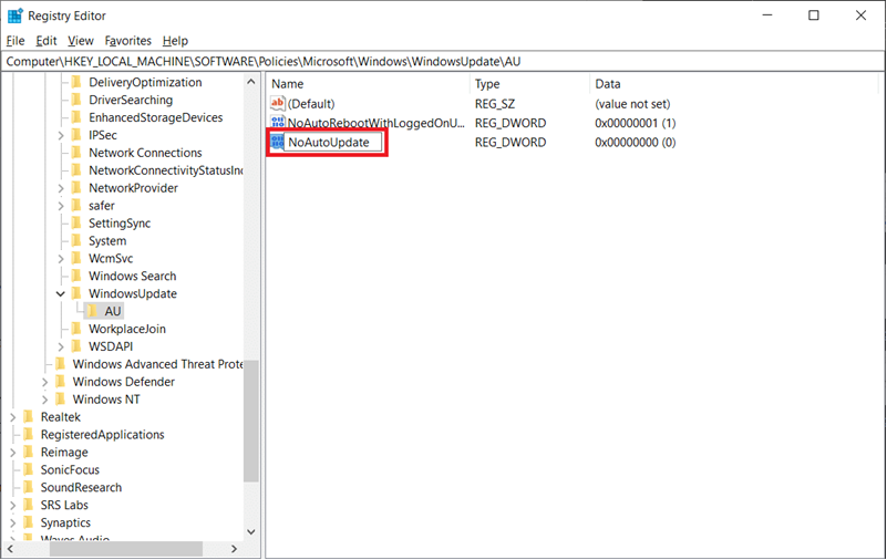 Rename the new DWORD Value as NoAutoUpdate. | Stop Automatic Updates on Windows 10