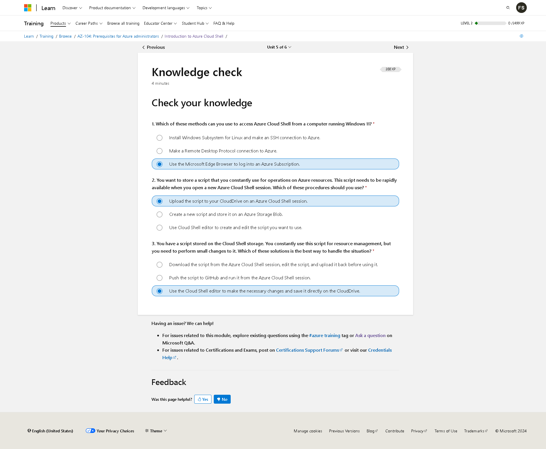 Can&rsquo;t submit Knowledge Check in &ldquo;Introduction to Azure Cloud Shell 