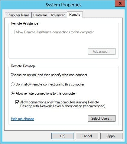 Enable Remote Desktop in Windows Server 2012