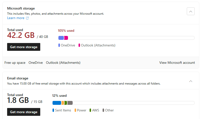 Outlook says out of storage but all other storage views suggest ...