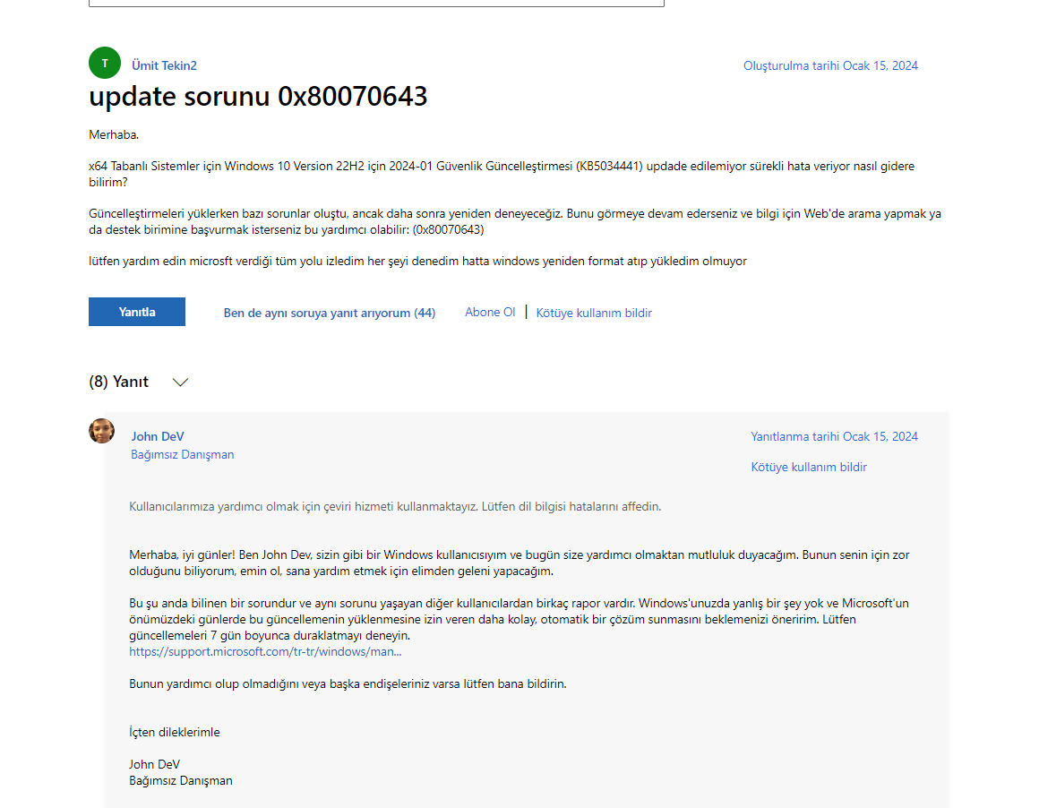 Windows Update 0x80070643 Hatası - Microsoft Q&A