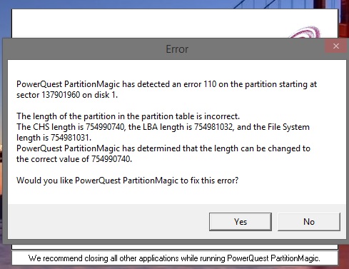 The length of the partition in the partition table is incorrect ...