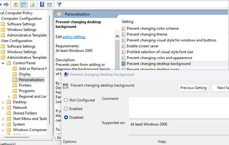 Prevent changing desktop background
