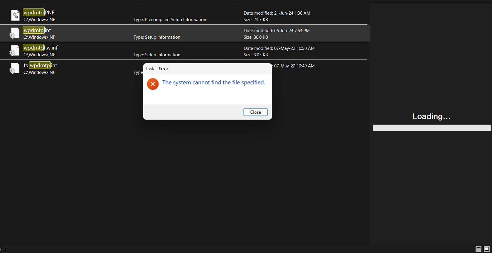 I Cannot access connected device via USB as the wpdmtp.inf file is ...