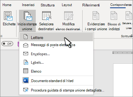 Menu Start Stampa unione con l'opzione Lettere selezionata